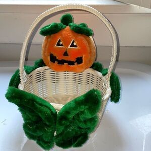 Plush Jack O Lantern white woven basket Halloween decoration